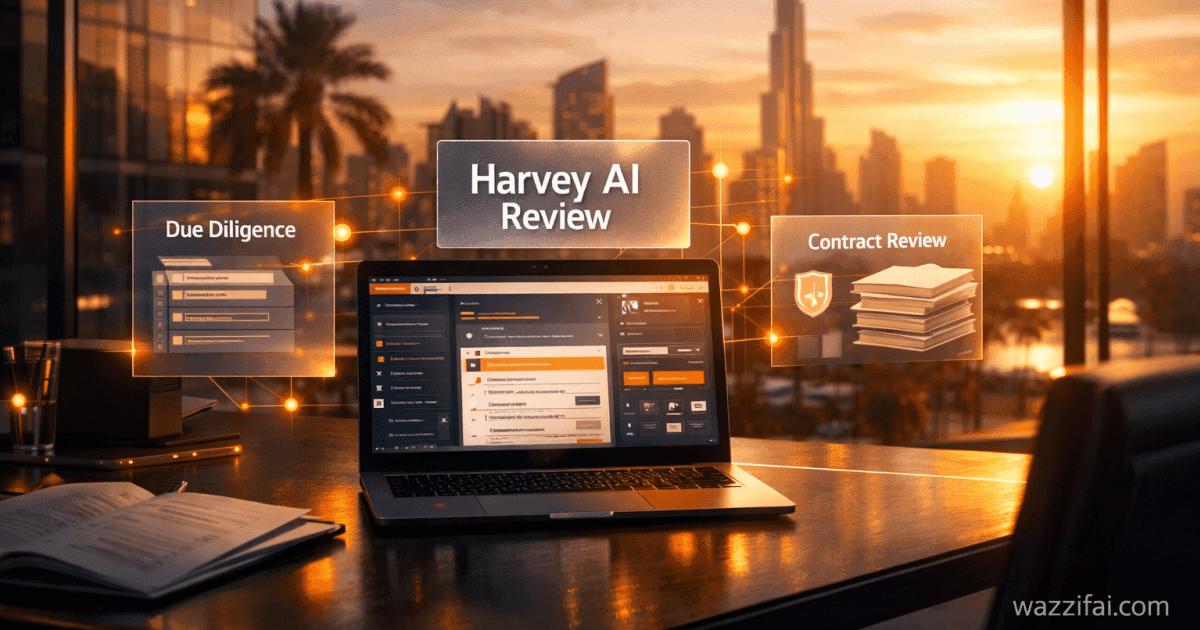 Harvey AI law firm review showing AI-powered contract analysis in a Gulf corporate legal office