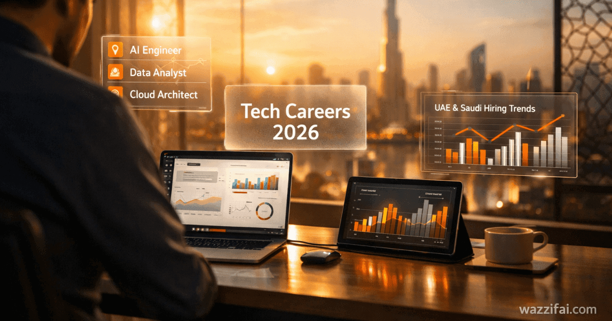 Professionals working on laptops analyzing data and systems representing tech careers 2026 in the Gulf job market