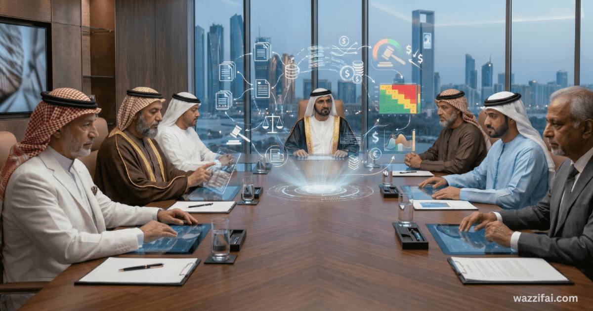 A secure digital interface analyzing federal policy data and historical precedents, representing the new UAE AI cabinet member in action during an executive session.
