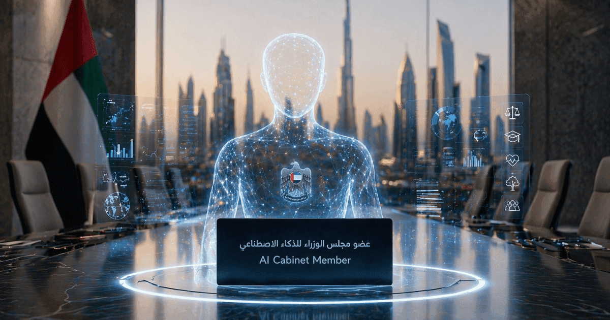 A secure digital interface analyzing federal policy data and historical precedents, representing the new UAE AI cabinet member in action during an executive session.